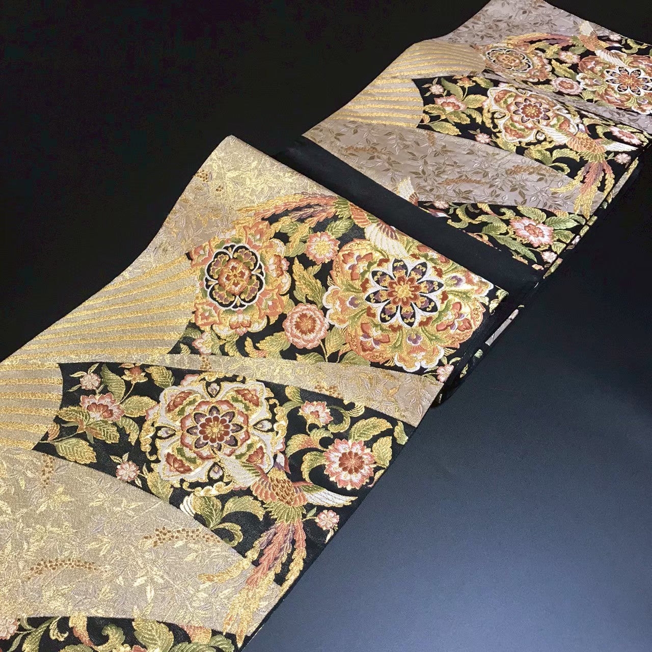 7195# Japanese Vintage Fukuro Obi Belt Kimono Fabric Silk Traditional Black