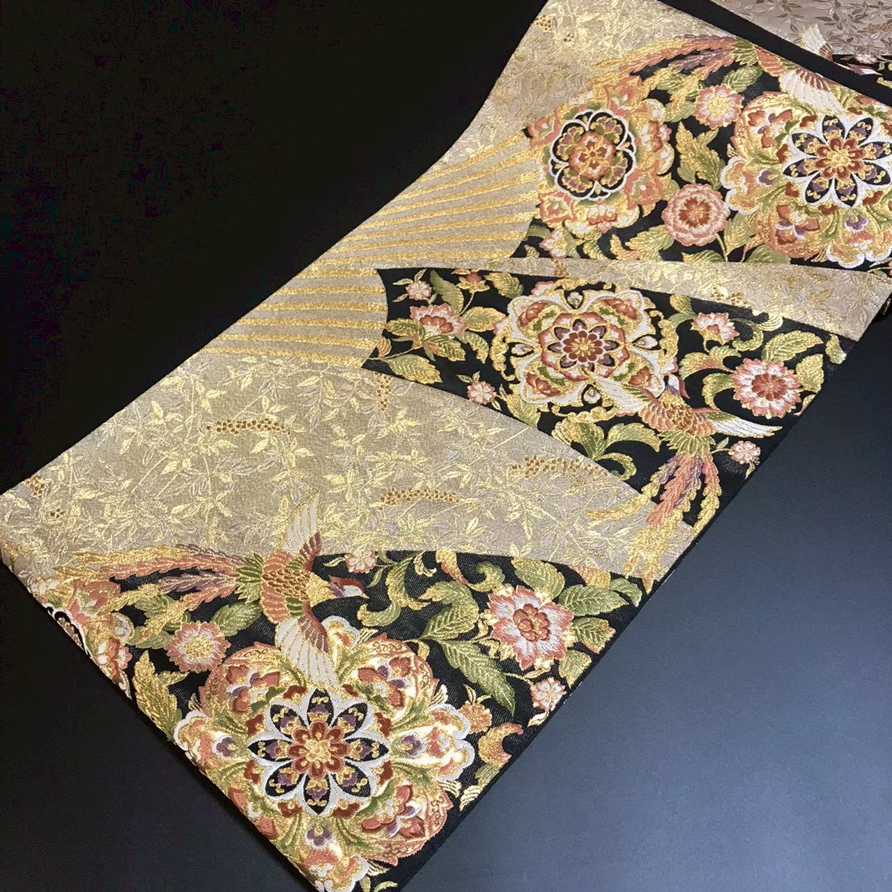 7195# Japanese Vintage Fukuro Obi Belt Kimono Fabric Silk Traditional Black