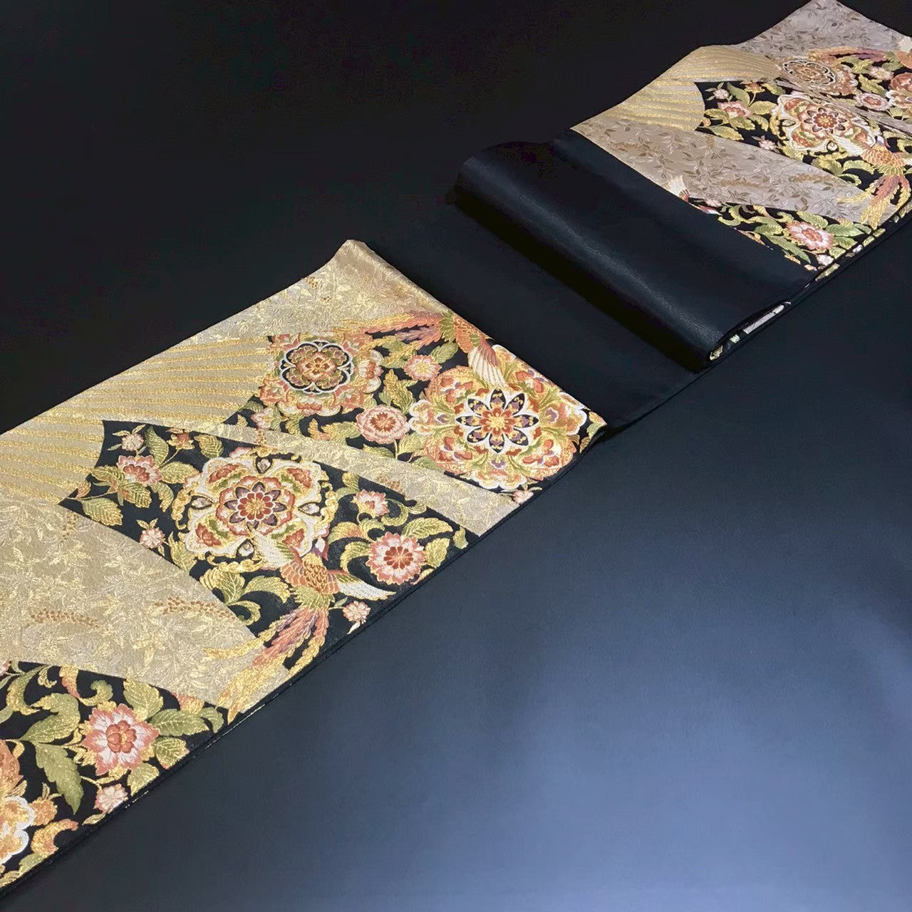 7195# Japanese Vintage Fukuro Obi Belt Kimono Fabric Silk Traditional Black