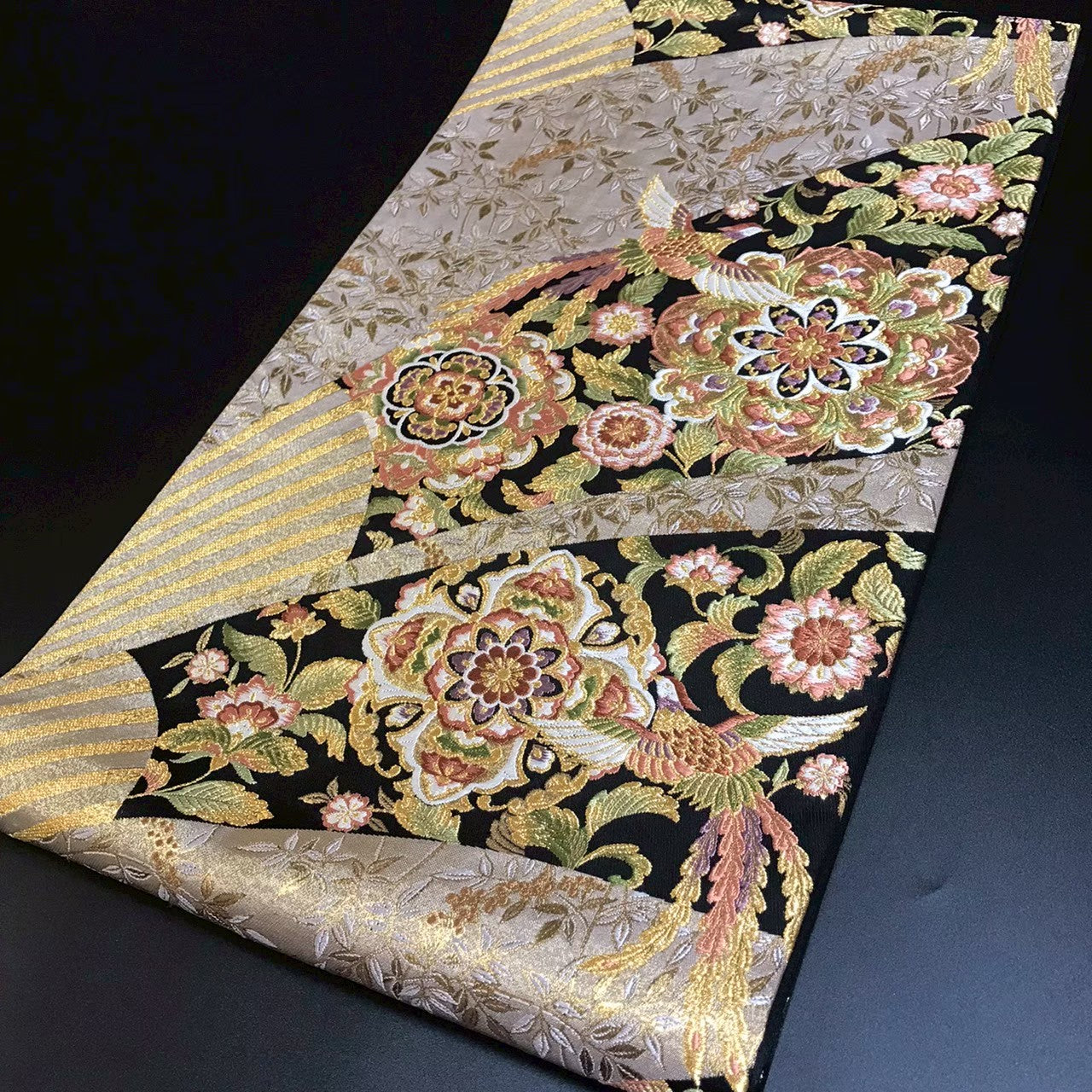 7195# Japanese Vintage Fukuro Obi Belt Kimono Fabric Silk Traditional Black