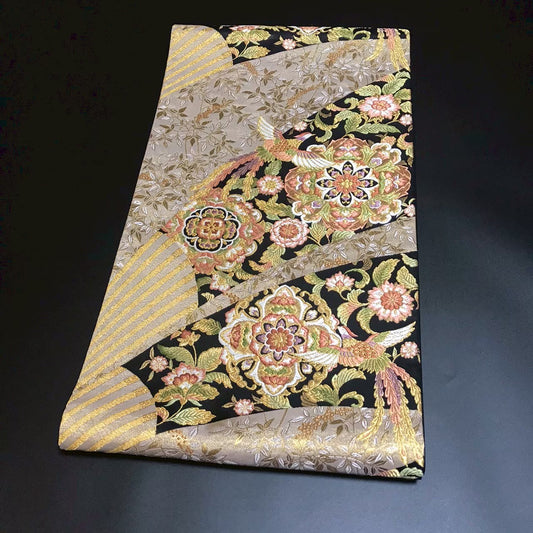 7195# Japanese Vintage Fukuro Obi Belt Kimono Fabric Silk Traditional Black