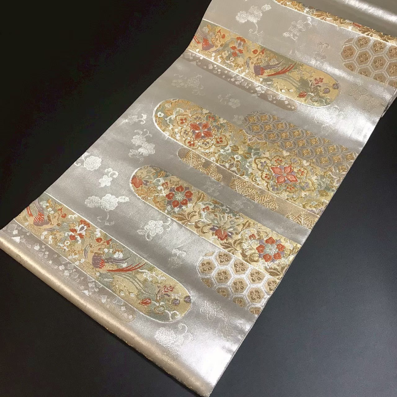 7189# Japanese Vintage Fukuro Obi Belt Kimono Fabric Silk Traditional Silver