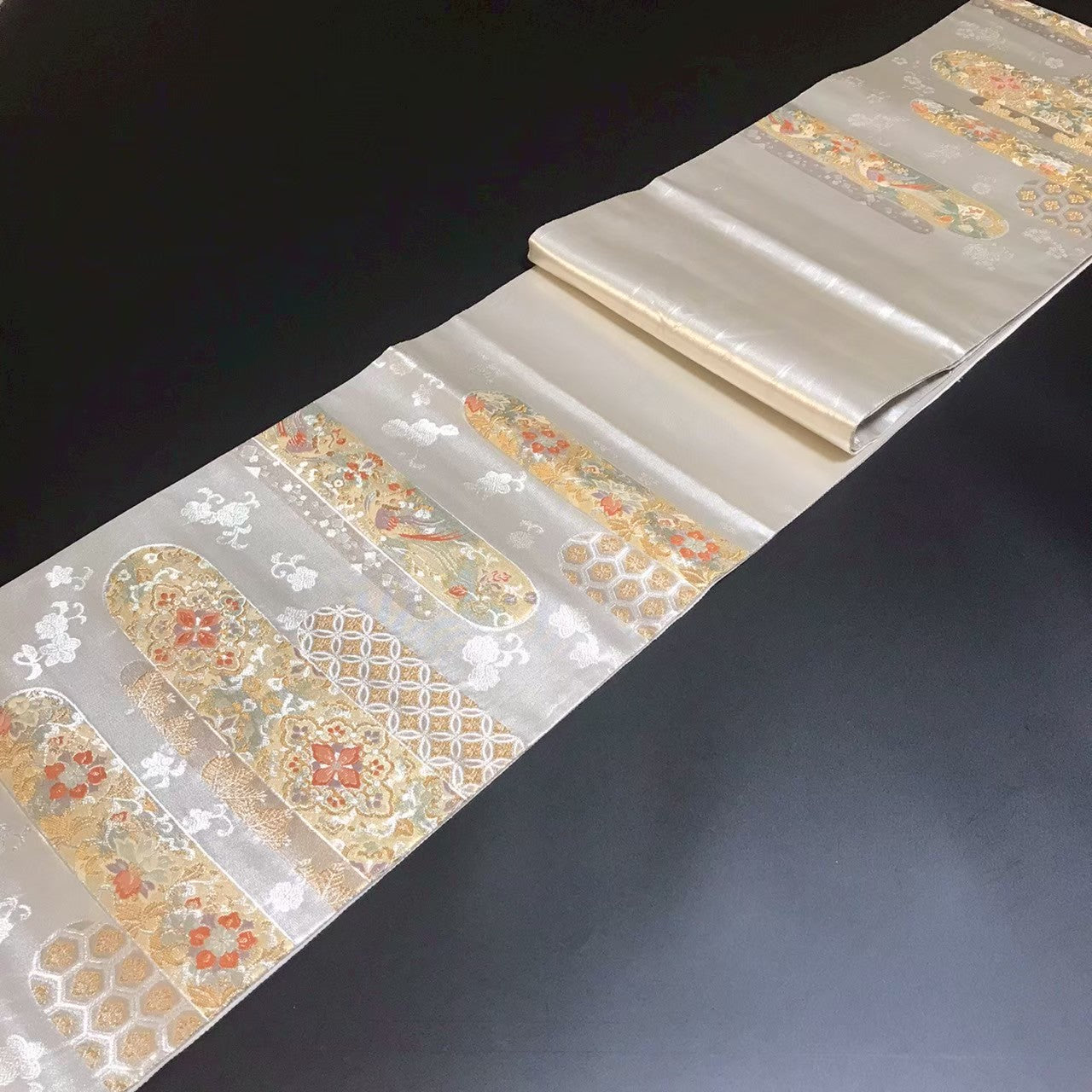 7189# Japanese Vintage Fukuro Obi Belt Kimono Fabric Silk Traditional Silver