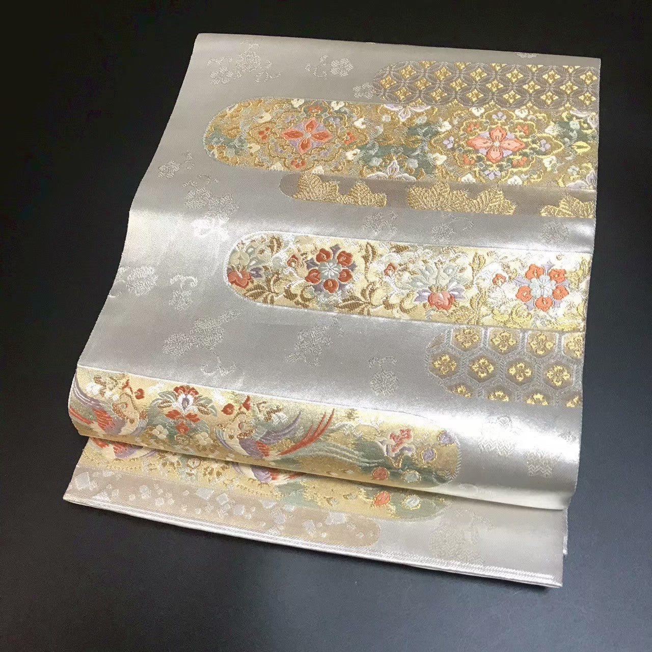 7189# Japanese Vintage Fukuro Obi Belt Kimono Fabric Silk Traditional Silver