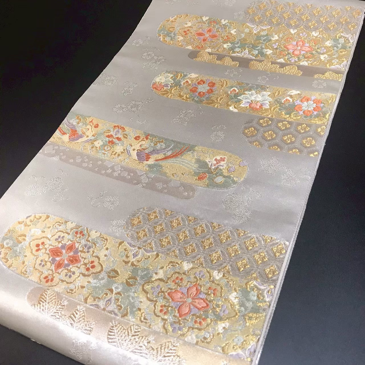 7189# Japanese Vintage Fukuro Obi Belt Kimono Fabric Silk Traditional Silver