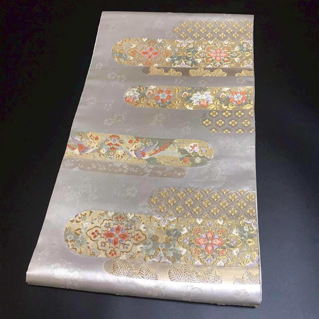 7189# Japanese Vintage Fukuro Obi Belt Kimono Fabric Silk Traditional Silver