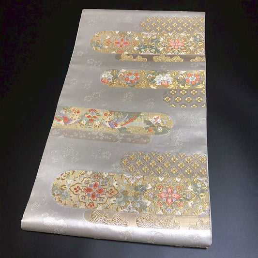 7189# Japanese Vintage Fukuro Obi Belt Kimono Fabric Silk Traditional Silver