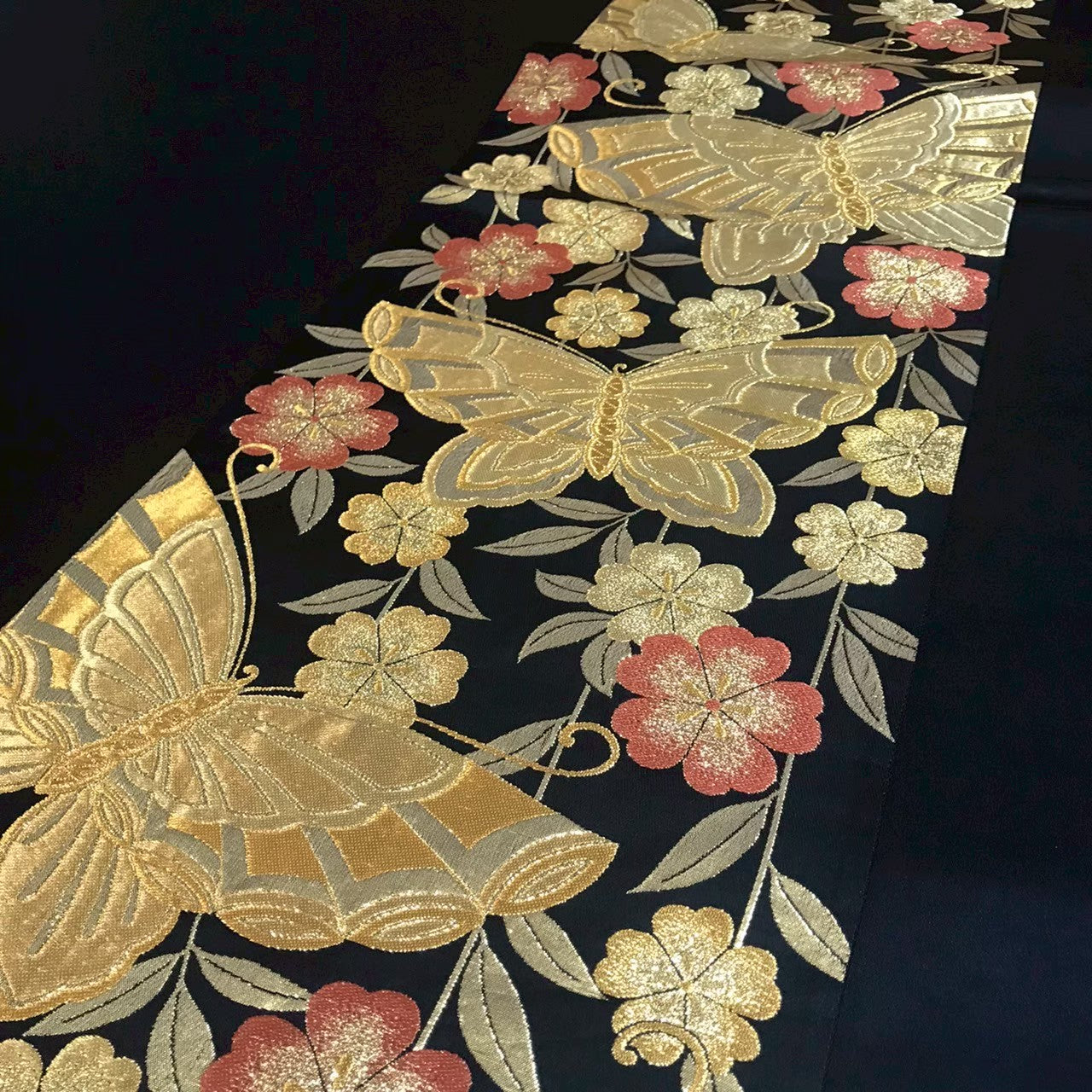 7197# Japanese Vintage Fukuro Obi Belt Kimono Fabric Silk Traditional Black