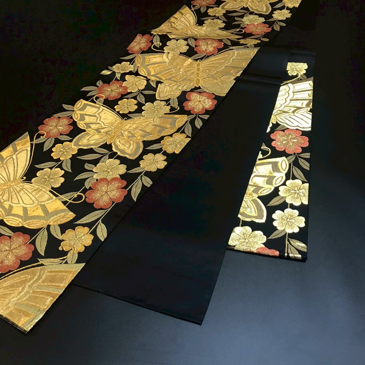 7197# Japanese Vintage Fukuro Obi Belt Kimono Fabric Silk Traditional Black