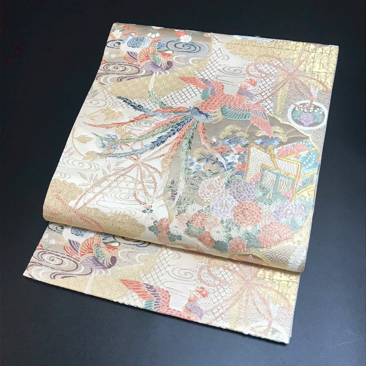 7200# Japanese Vintage Fukuro Obi Belt Kimono Fabric Silk Traditional Gold