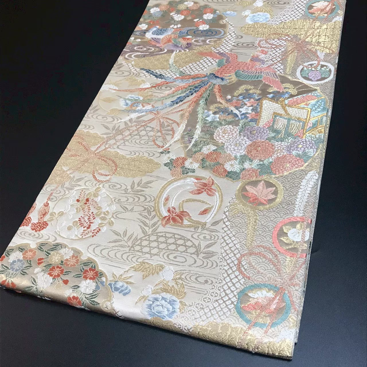 7200# Japanese Vintage Fukuro Obi Belt Kimono Fabric Silk Traditional Gold