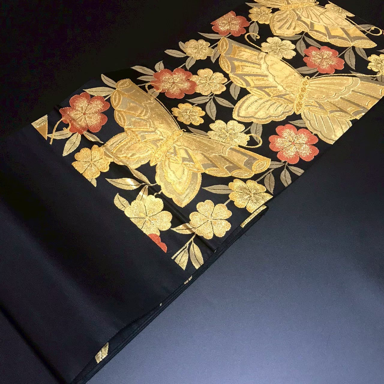 7197# Japanese Vintage Fukuro Obi Belt Kimono Fabric Silk Traditional Black