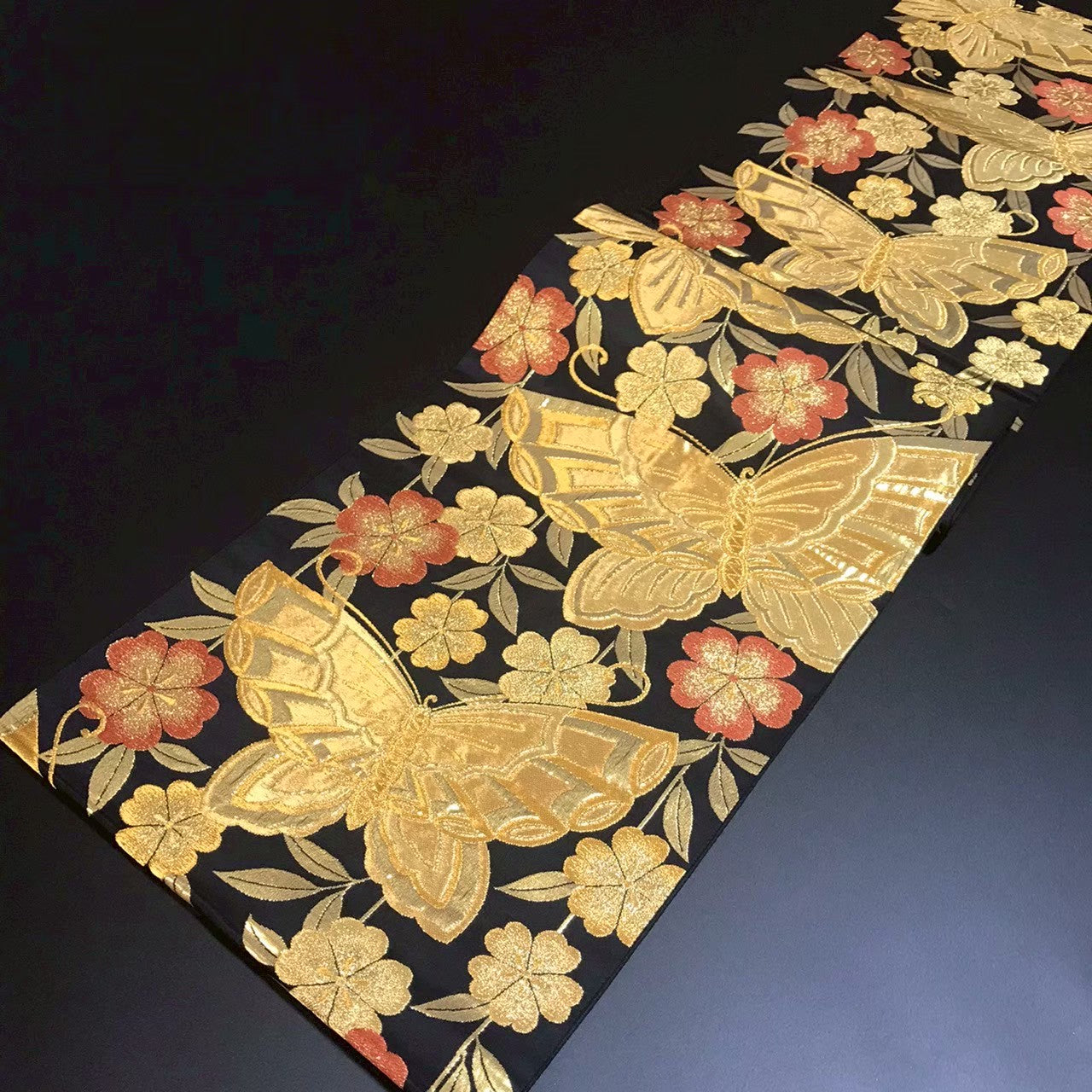 7197# Japanese Vintage Fukuro Obi Belt Kimono Fabric Silk Traditional Black