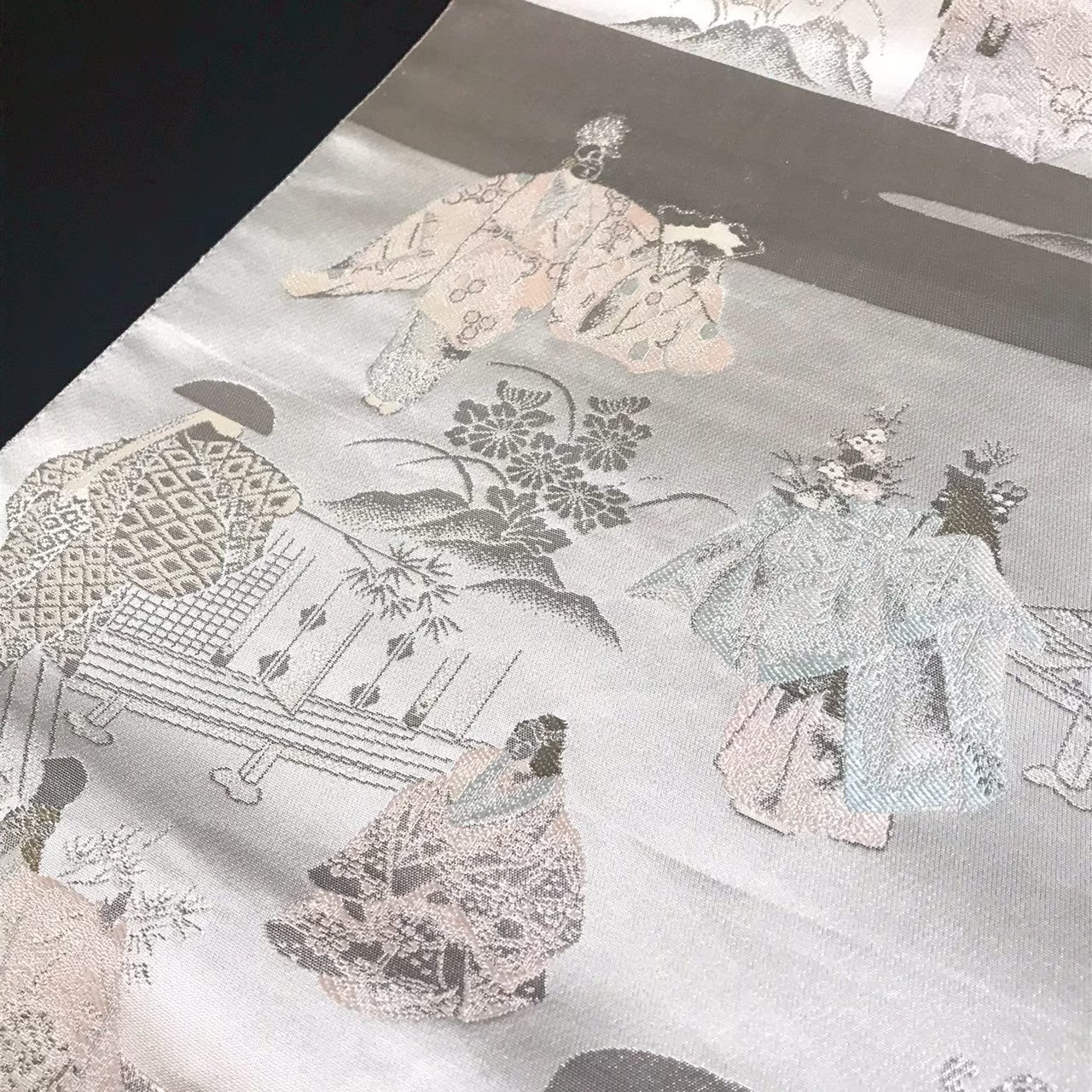 7204# Japanese Vintage Fukuro Obi Belt Kimono Fabric Silk Traditional Silver