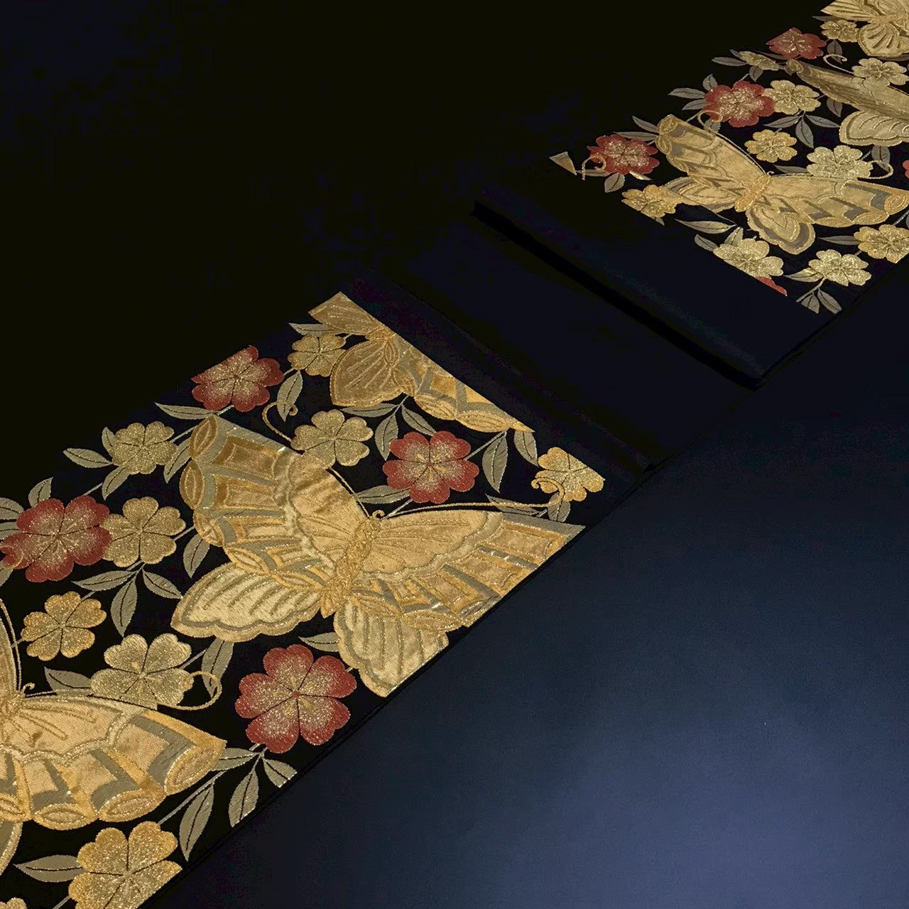 7197# Japanese Vintage Fukuro Obi Belt Kimono Fabric Silk Traditional Black