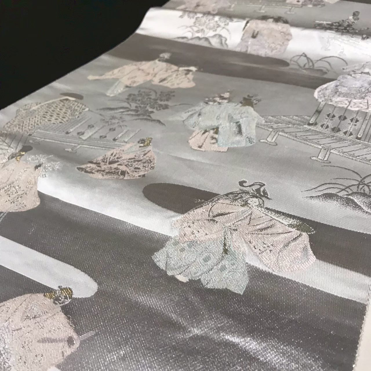 7204# Japanese Vintage Fukuro Obi Belt Kimono Fabric Silk Traditional Silver