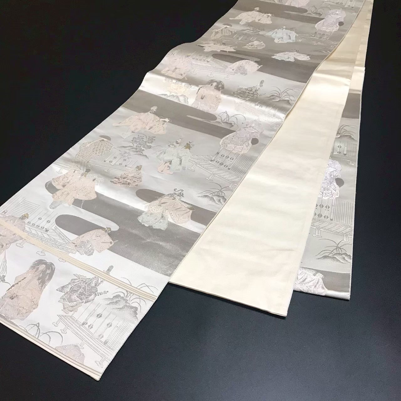 7204# Japanese Vintage Fukuro Obi Belt Kimono Fabric Silk Traditional Silver