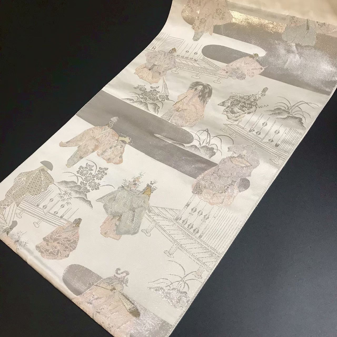 7204# Japanese Vintage Fukuro Obi Belt Kimono Fabric Silk Traditional Silver