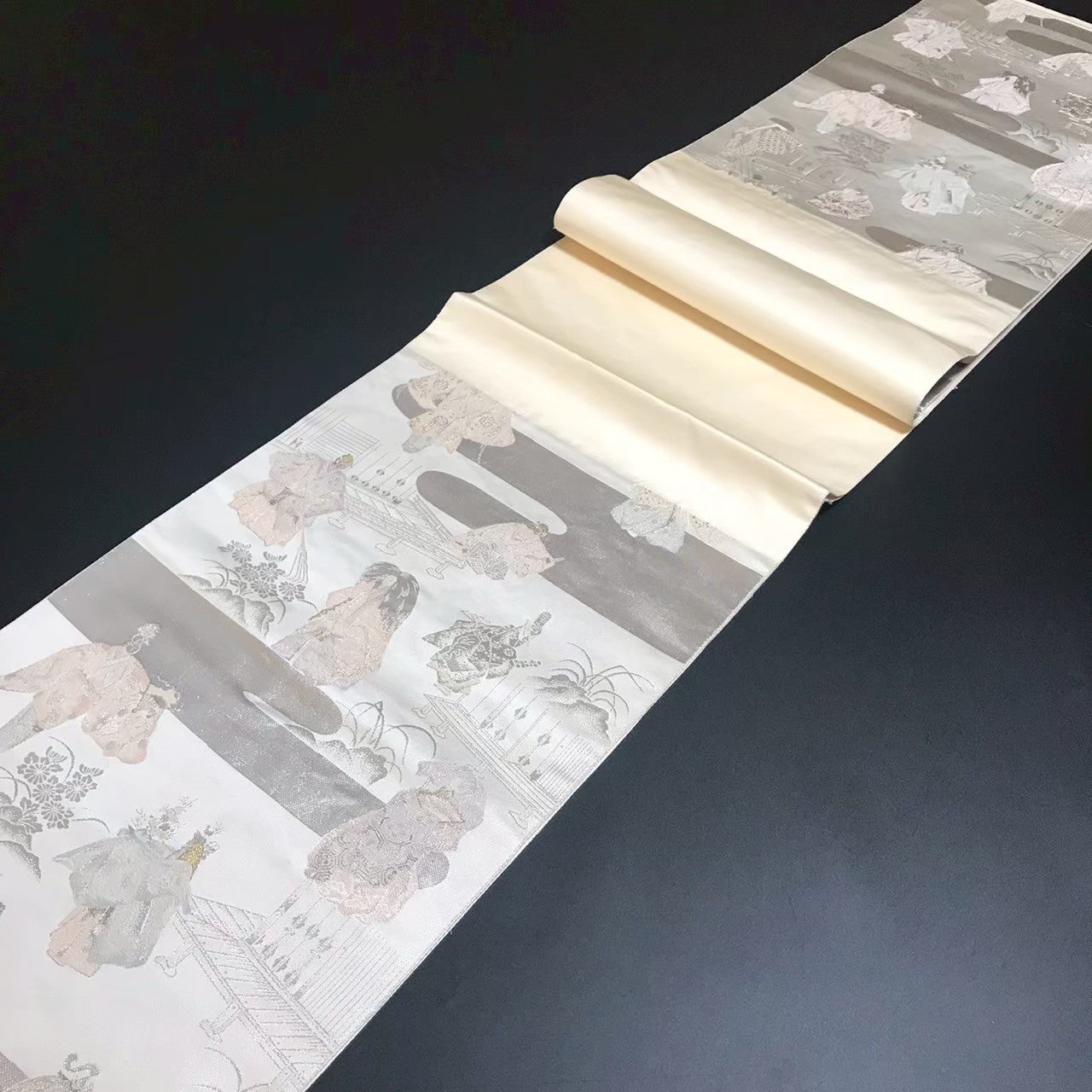 7204# Japanese Vintage Fukuro Obi Belt Kimono Fabric Silk Traditional Silver