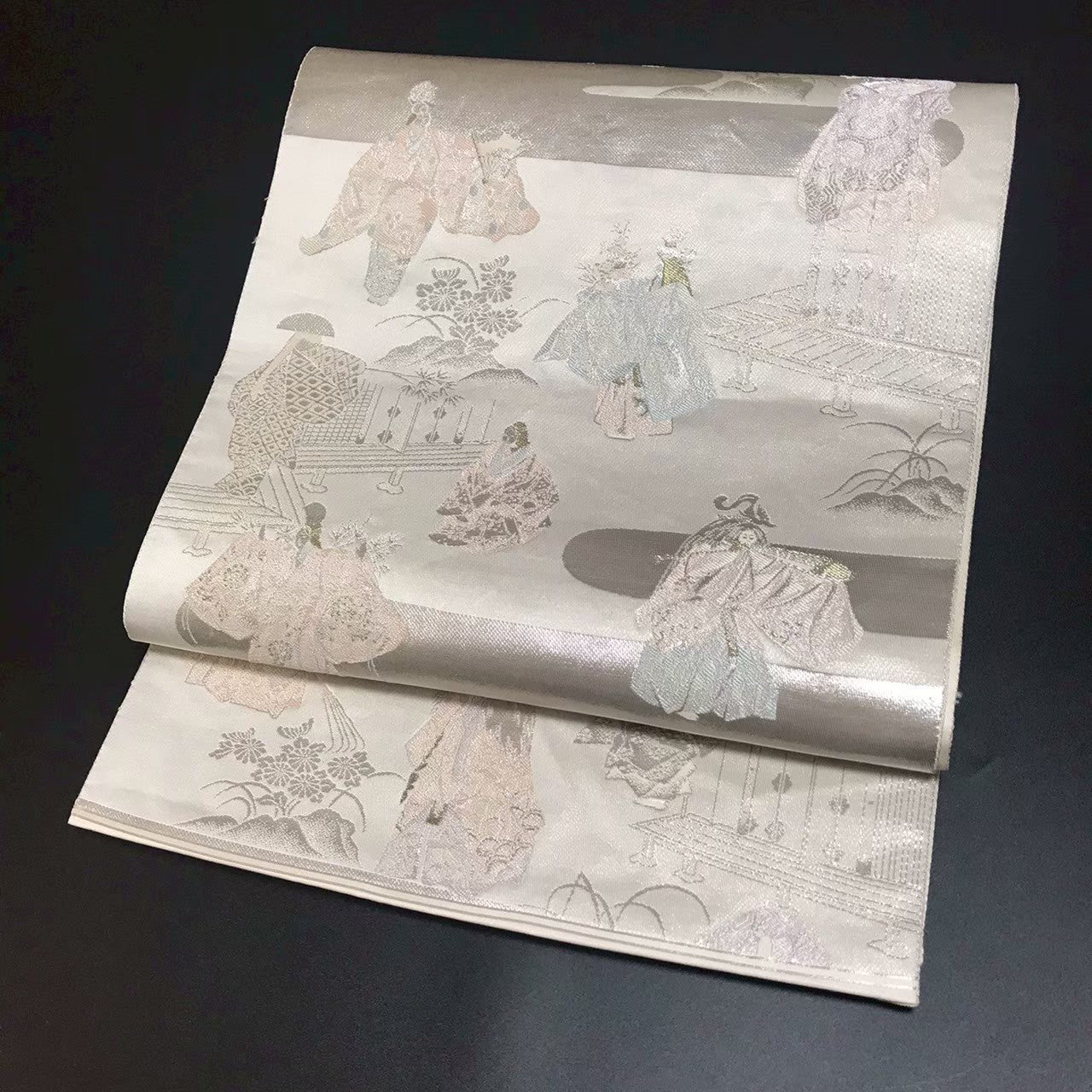 7204# Japanese Vintage Fukuro Obi Belt Kimono Fabric Silk Traditional Silver