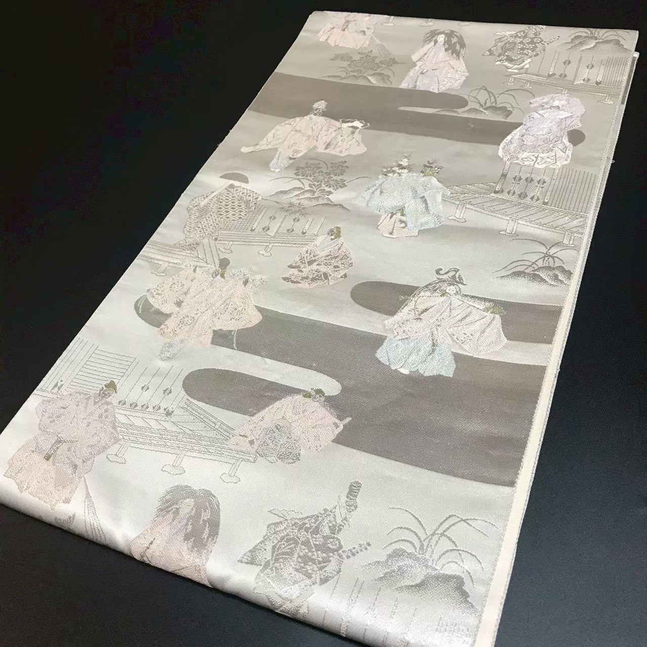 7204# Japanese Vintage Fukuro Obi Belt Kimono Fabric Silk Traditional Silver