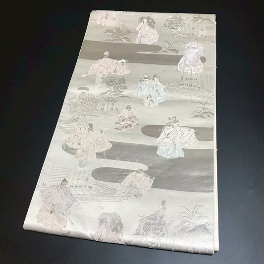 7204# Japanese Vintage Fukuro Obi Belt Kimono Fabric Silk Traditional Silver