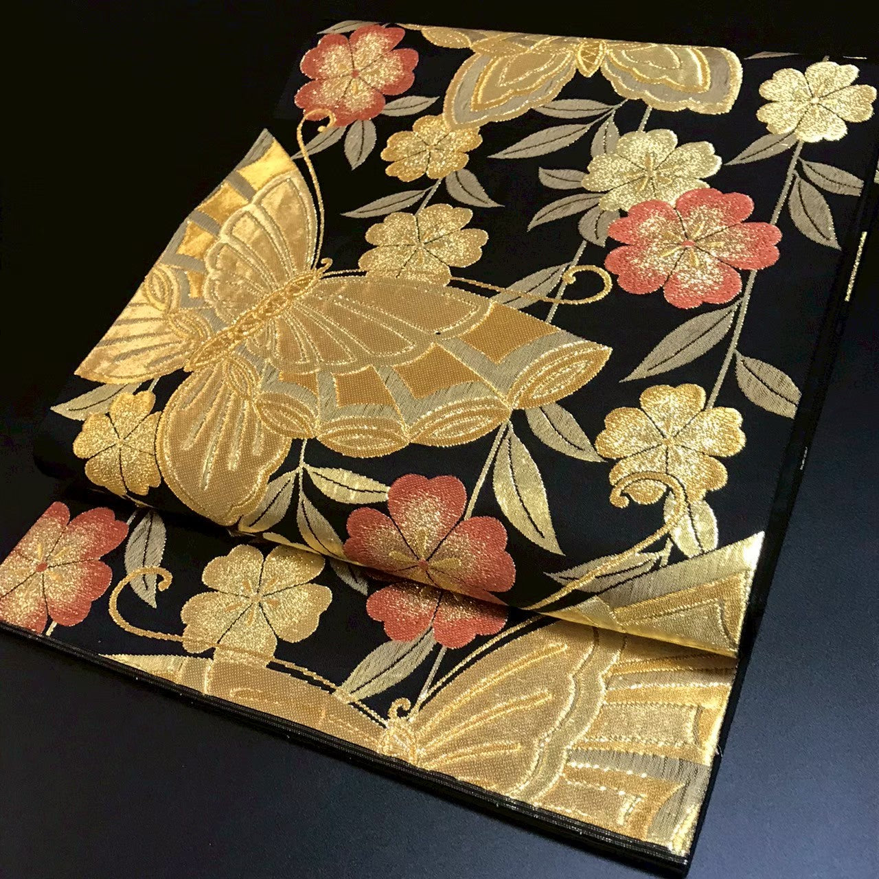 7197# Japanese Vintage Fukuro Obi Belt Kimono Fabric Silk Traditional Black