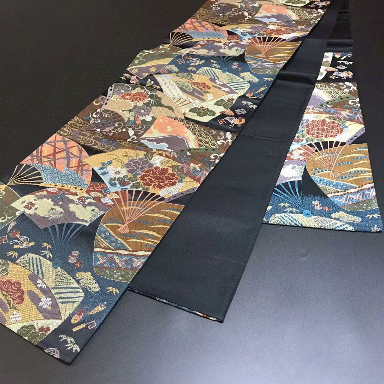 7205# Japanese Vintage Fukuro Obi Belt Kimono Fabric Silk Traditional Black