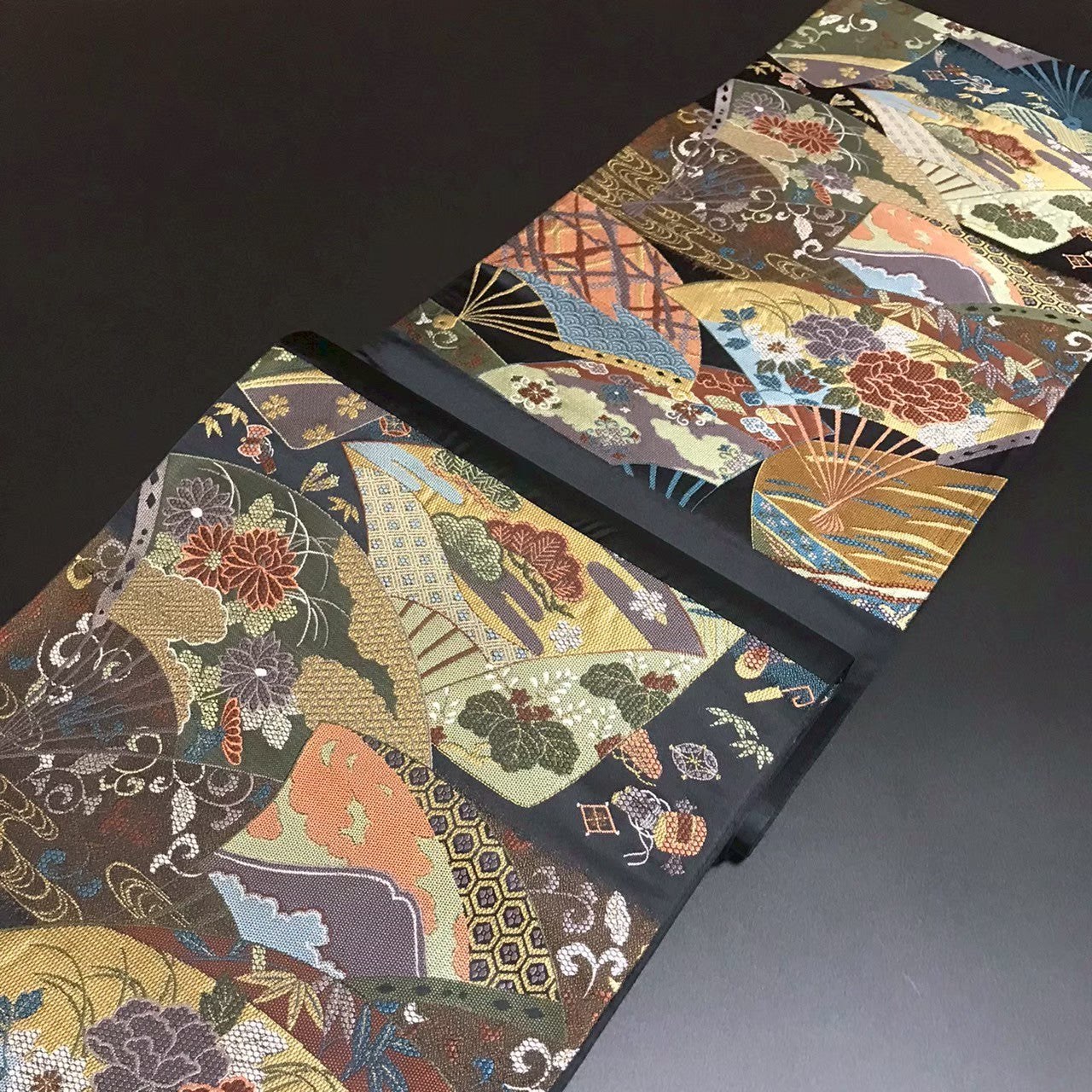 7205# Japanese Vintage Fukuro Obi Belt Kimono Fabric Silk Traditional Black