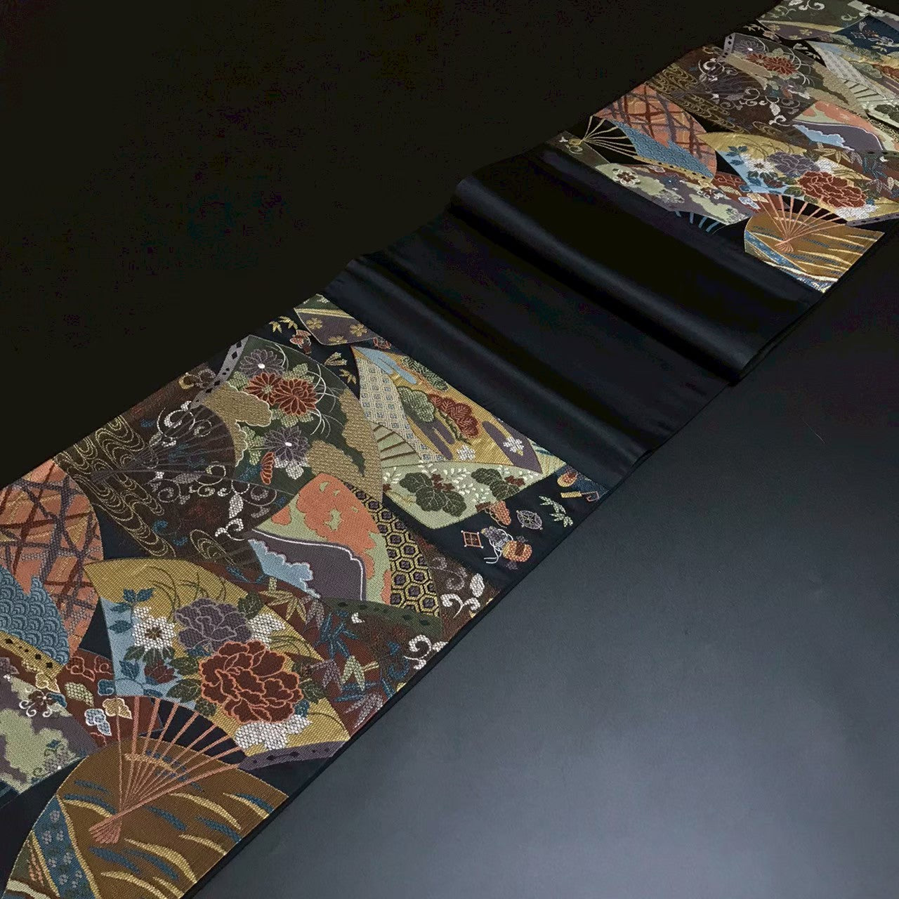 7205# Japanese Vintage Fukuro Obi Belt Kimono Fabric Silk Traditional Black