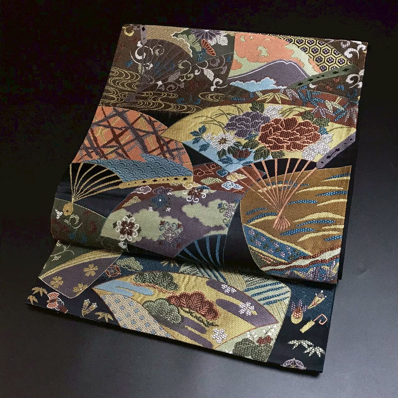 7205# Japanese Vintage Fukuro Obi Belt Kimono Fabric Silk Traditional Black