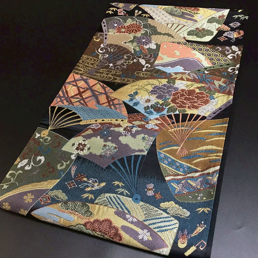 7205# Japanese Vintage Fukuro Obi Belt Kimono Fabric Silk Traditional Black