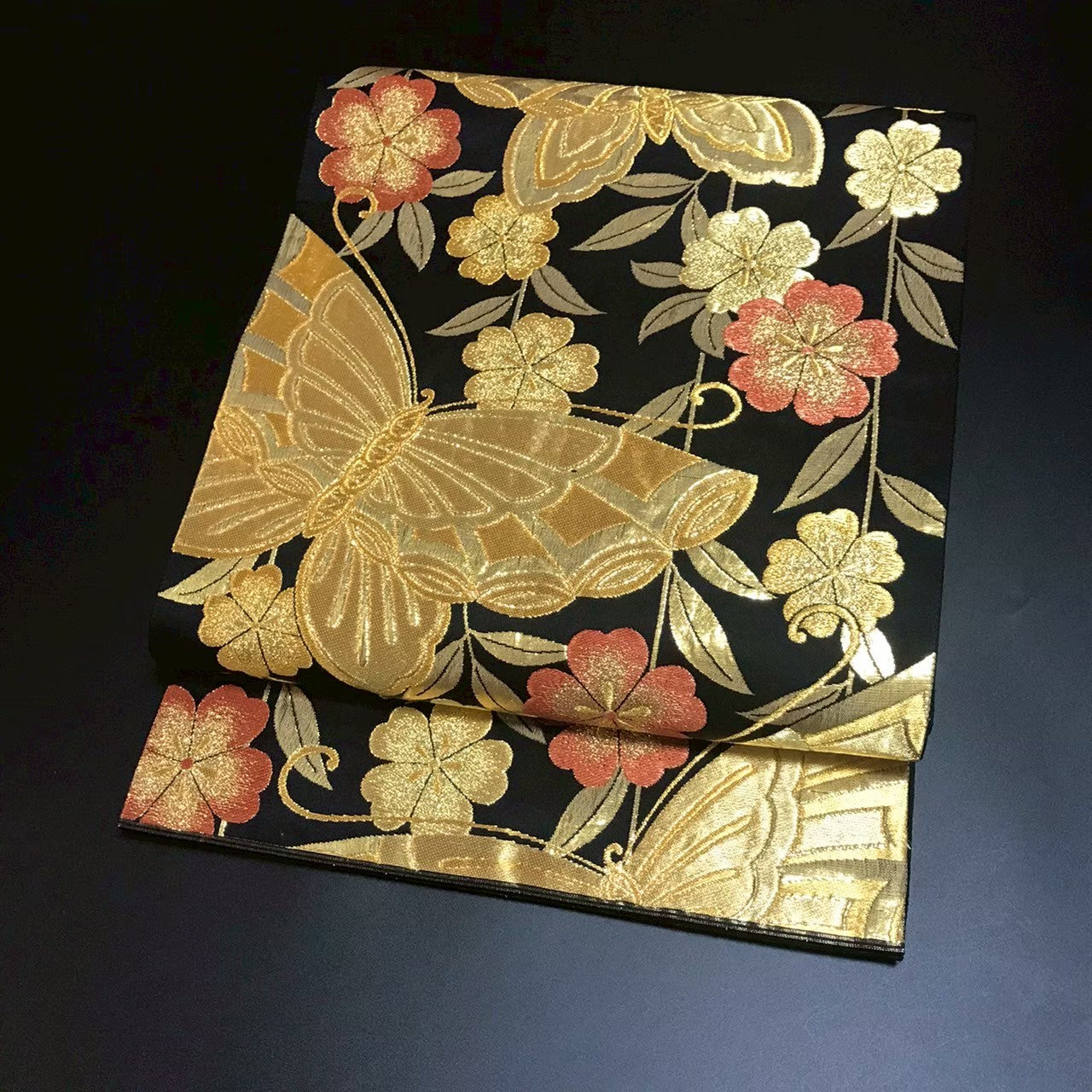 7197# Japanese Vintage Fukuro Obi Belt Kimono Fabric Silk Traditional Black