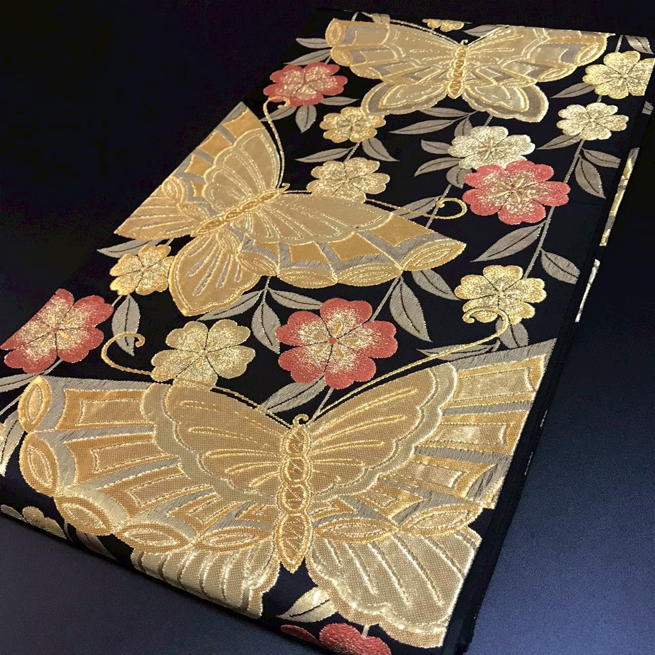 7197# Japanese Vintage Fukuro Obi Belt Kimono Fabric Silk Traditional Black