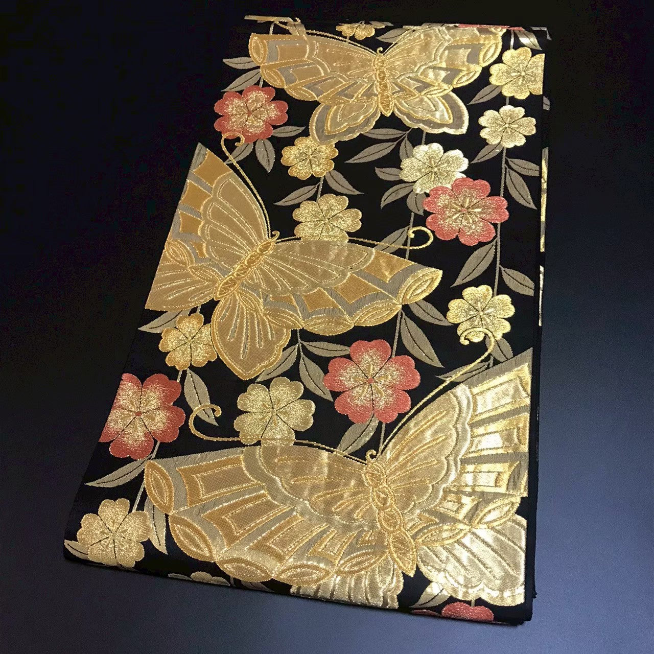 7197# Japanese Vintage Fukuro Obi Belt Kimono Fabric Silk Traditional Black