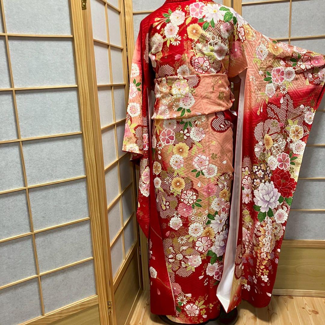 5460# Japanese Vintage Furisode Kimono Obi Obijime Obiage 4-Piece Set Silk Robe