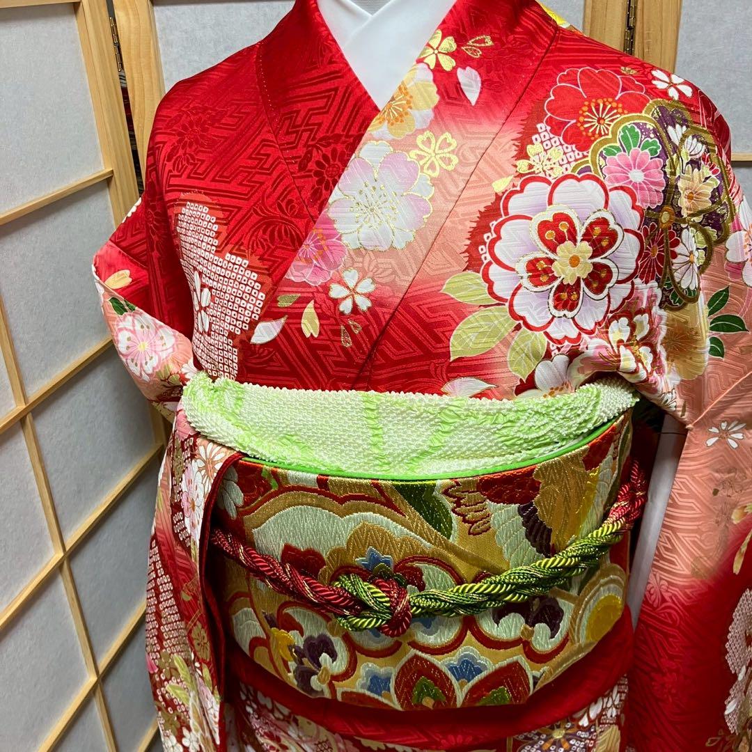 5460# Japanese Vintage Furisode Kimono Obi Obijime Obiage 4-Piece Set Silk Robe