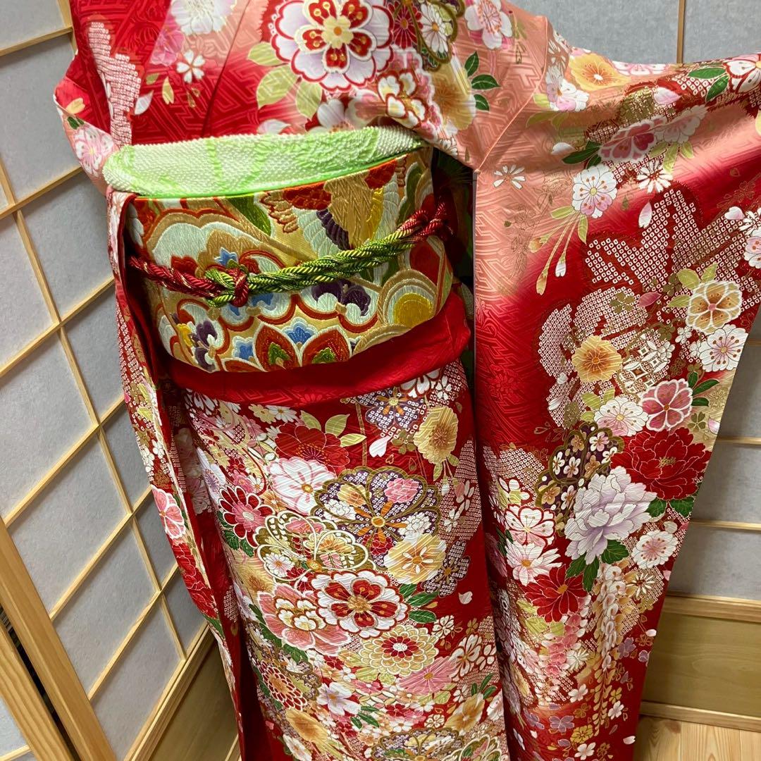 5460# Japanese Vintage Furisode Kimono Obi Obijime Obiage 4-Piece Set Silk Robe