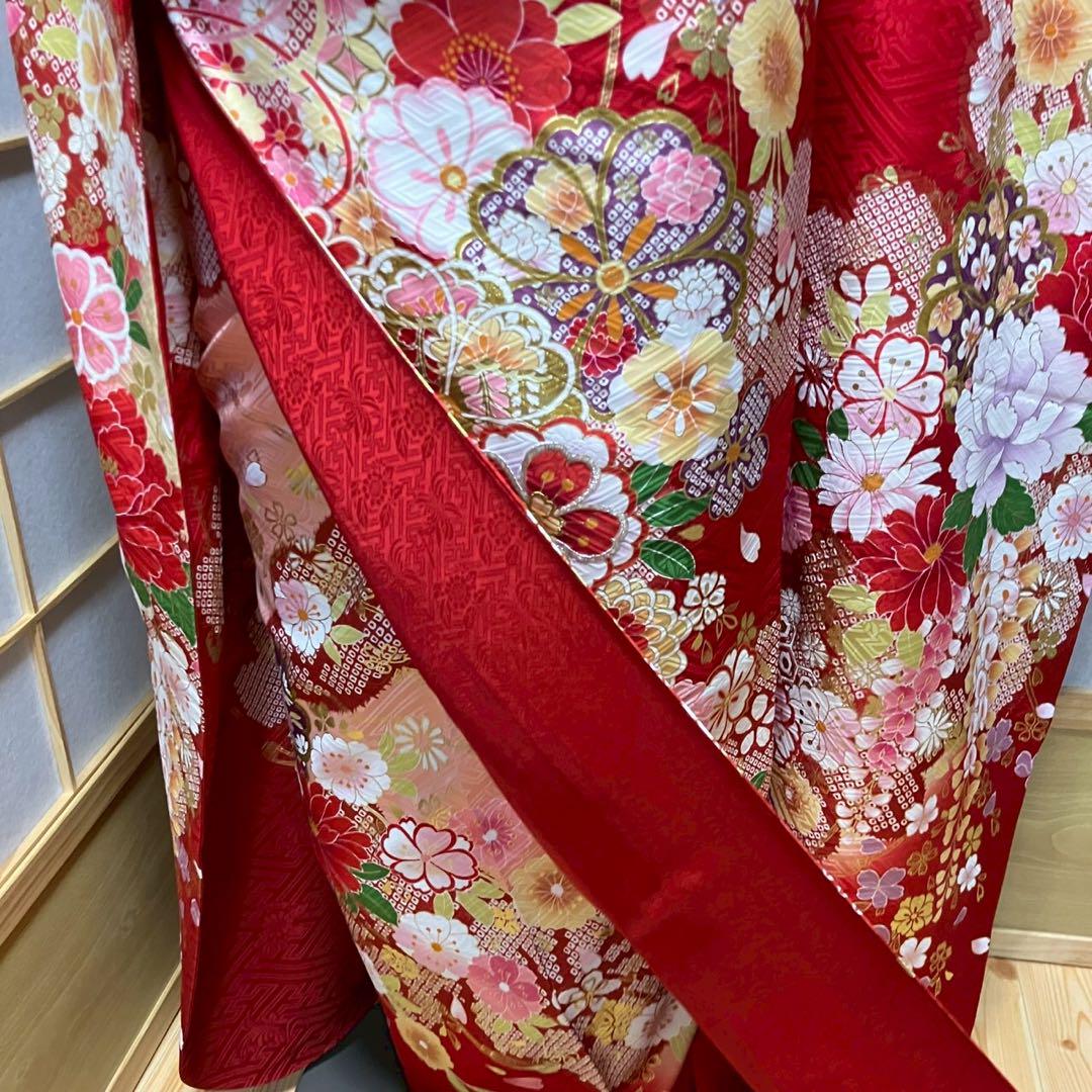 5460# Japanese Vintage Furisode Kimono Obi Obijime Obiage 4-Piece Set Silk Robe