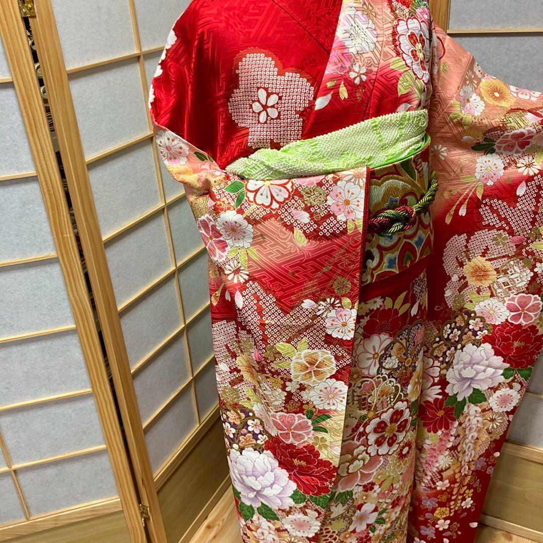 5460# Japanese Vintage Furisode Kimono Obi Obijime Obiage 4-Piece Set Silk Robe