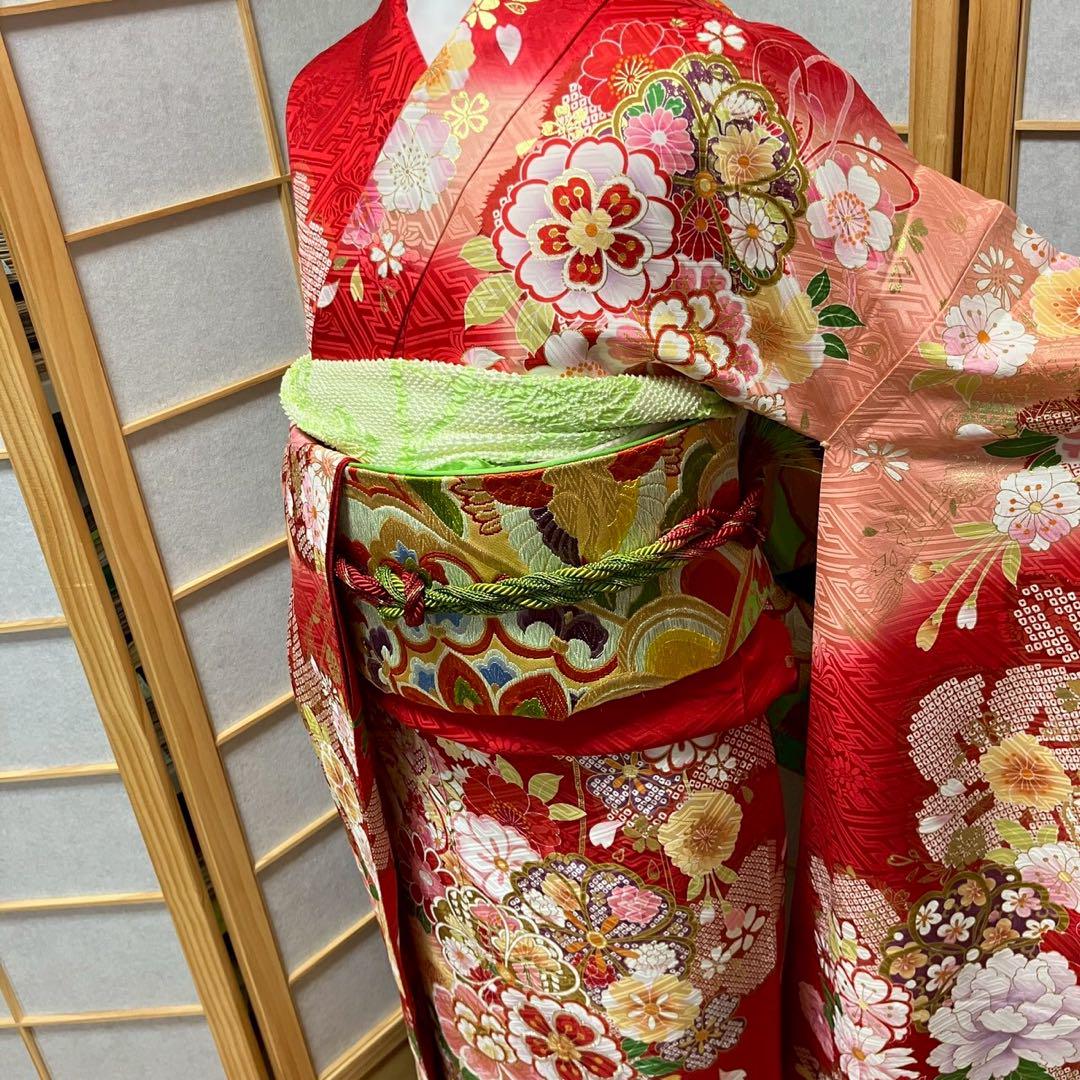 5460# Japanese Vintage Furisode Kimono Obi Obijime Obiage 4-Piece Set Silk Robe