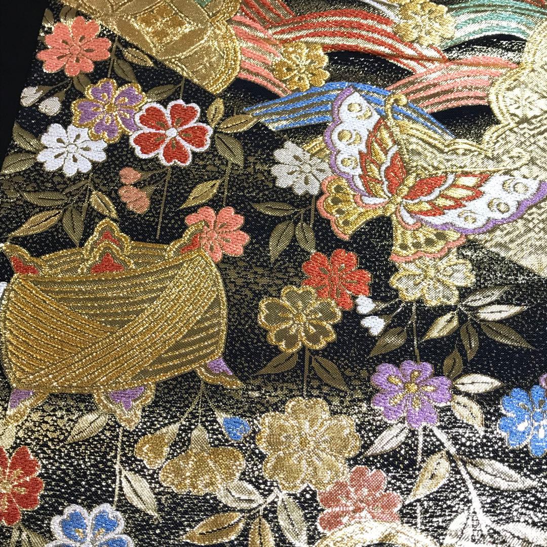 6470# Japanese Vintage Fukuro Obi Belt Kimono Fabric Silk Traditional Black