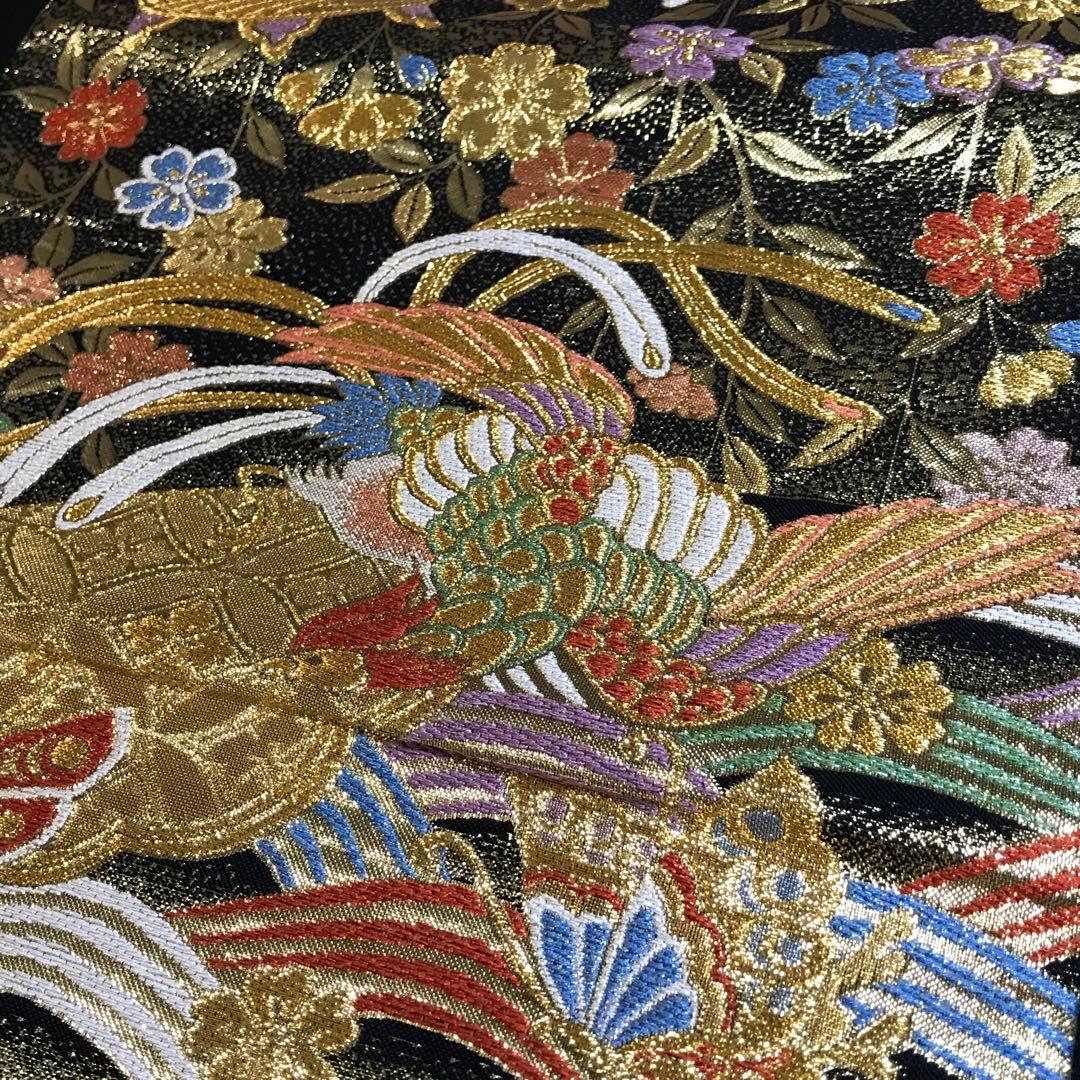 6470# Japanese Vintage Fukuro Obi Belt Kimono Fabric Silk Traditional Black