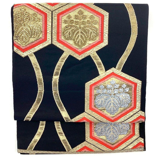 4924# Japanese Vintage Fukuro Obi Belt Kimono Fabric Silk Traditional Black