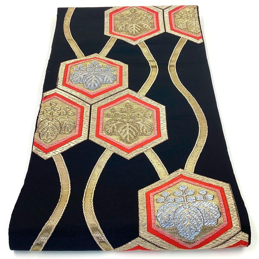 4924# Japanese Vintage Fukuro Obi Belt Kimono Fabric Silk Traditional Black
