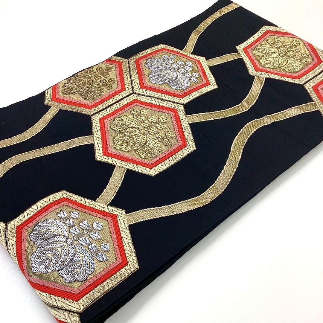 4924# Japanese Vintage Fukuro Obi Belt Kimono Fabric Silk Traditional Black