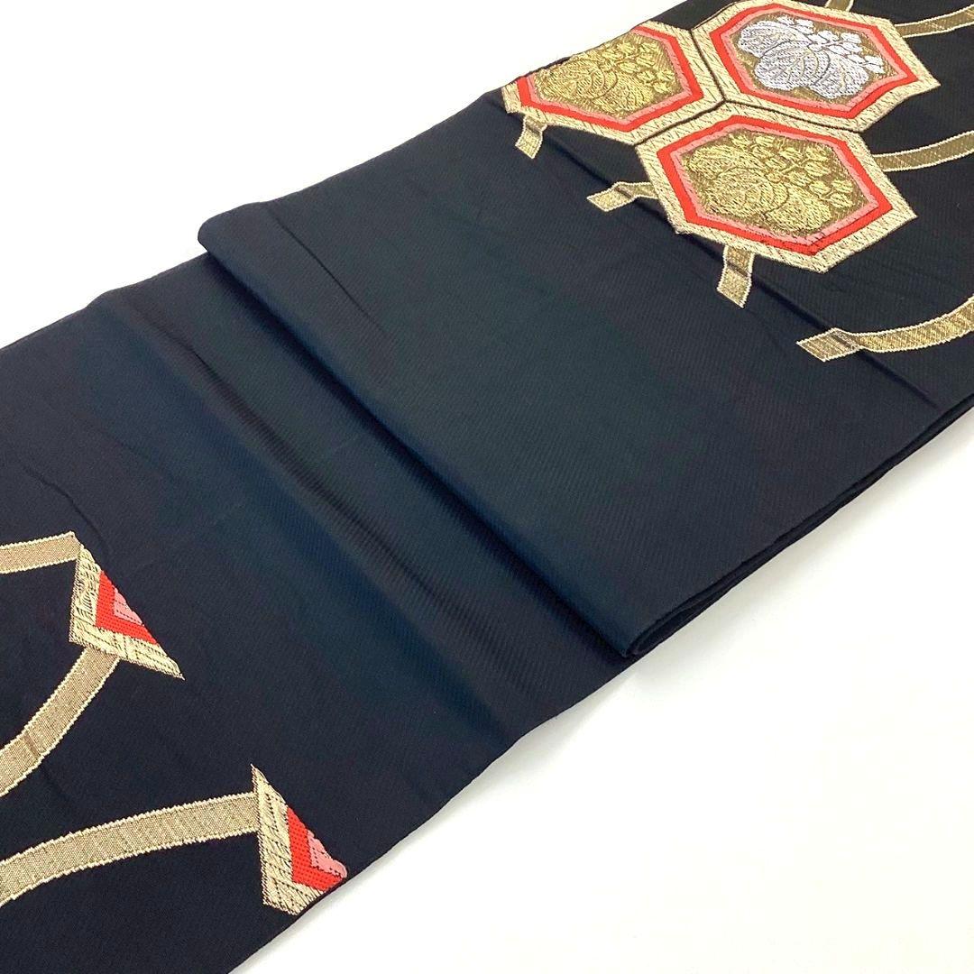 4924# Japanese Vintage Fukuro Obi Belt Kimono Fabric Silk Traditional Black