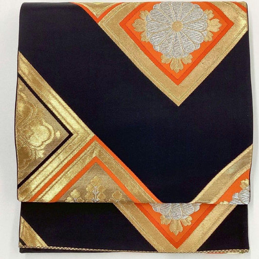 4979# Japanese Vintage Fukuro Obi Belt Kimono Fabric Silk Traditional Black