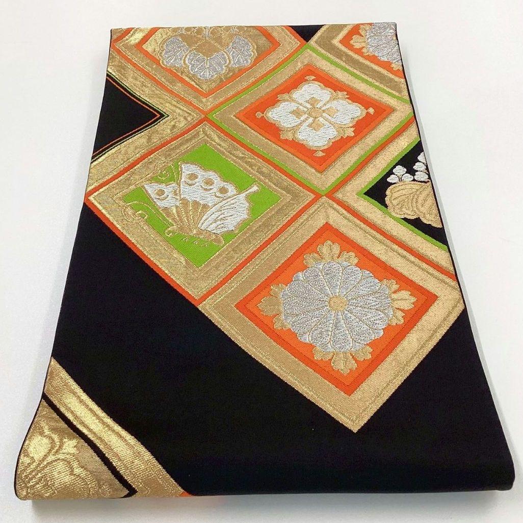 4979# Japanese Vintage Fukuro Obi Belt Kimono Fabric Silk Traditional Black