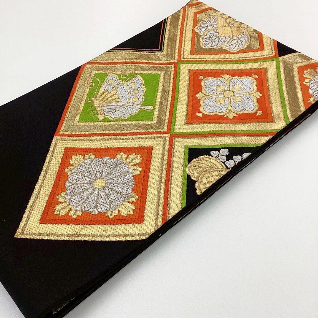 4979# Japanese Vintage Fukuro Obi Belt Kimono Fabric Silk Traditional Black